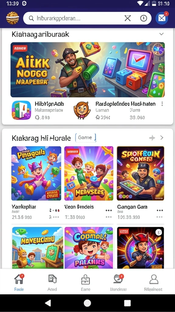Layar utama yang menampilkan berbagai permainan menarik.
